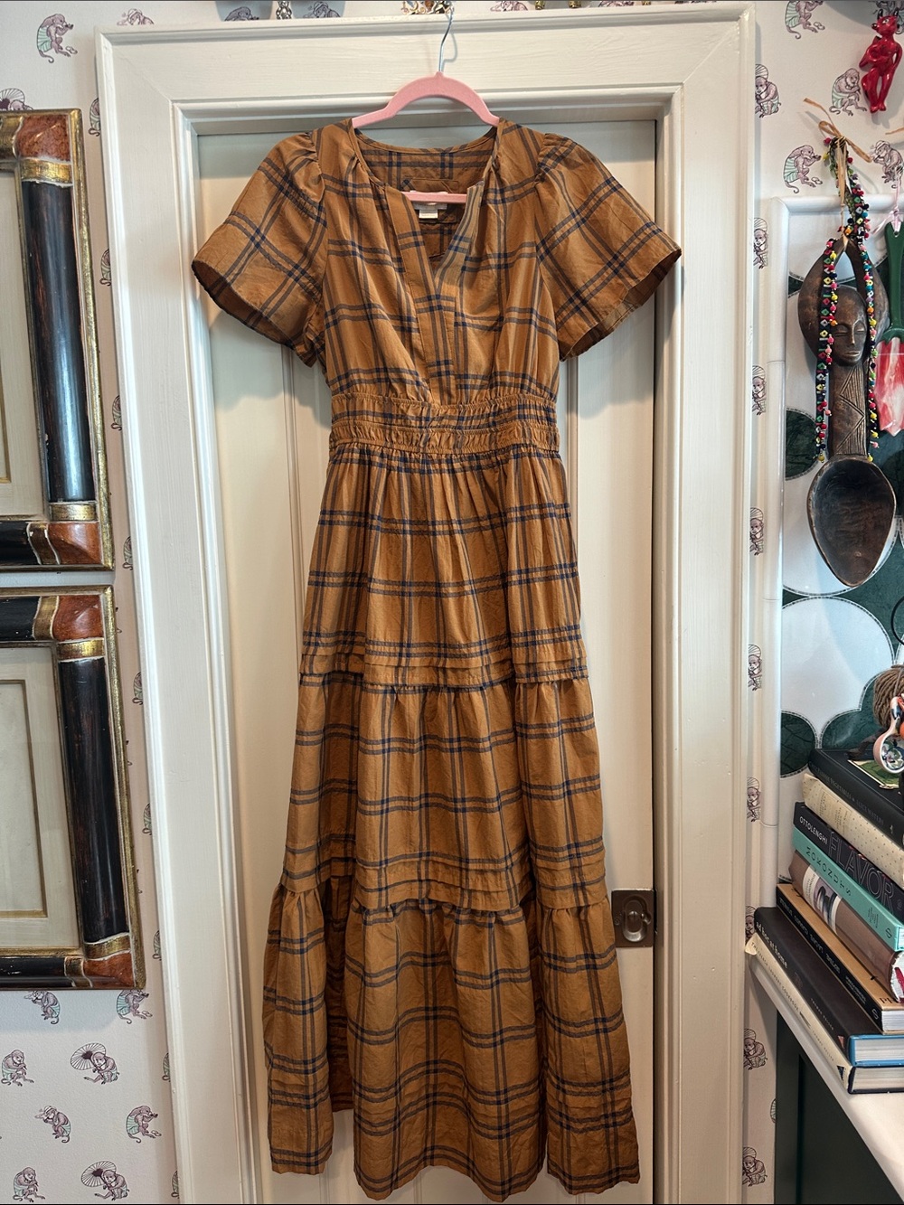 Anthropologie Somerset Mustard Plaid Tiered Midi Dress